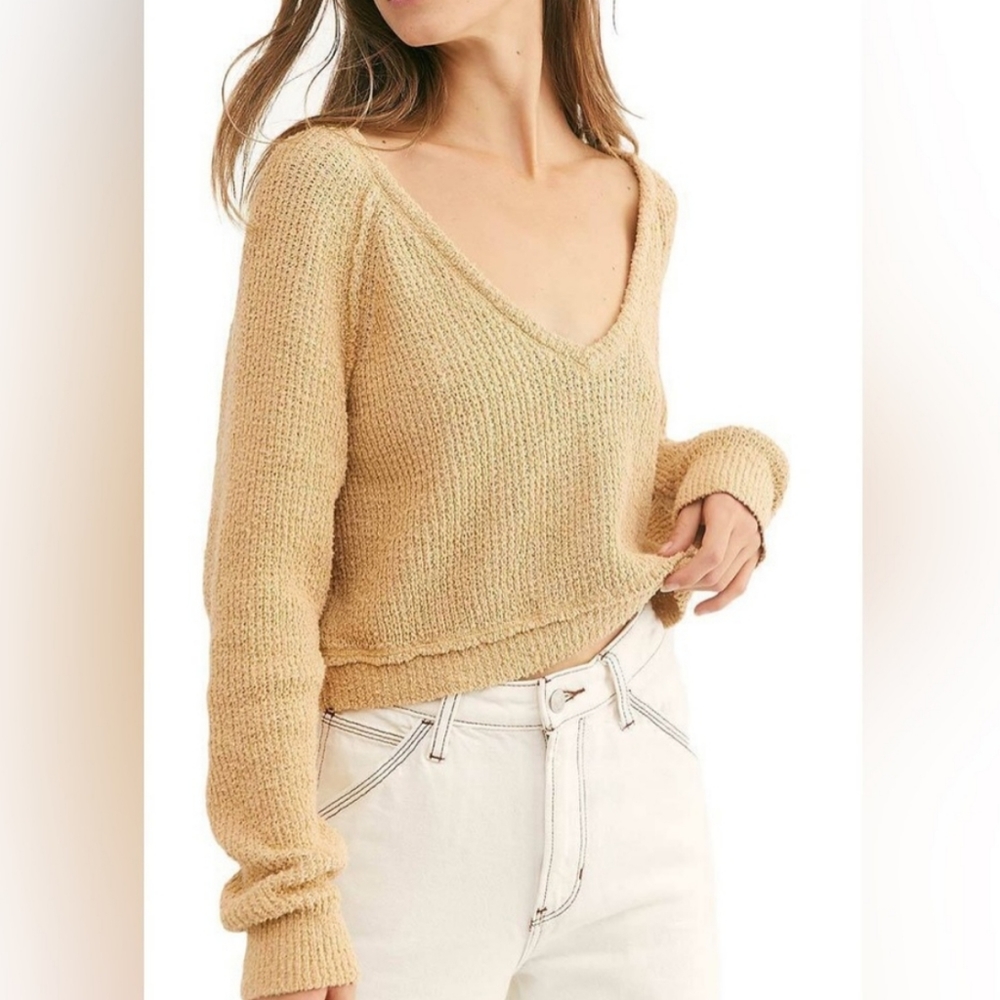 Free People Ochre Cozy V-neck Long Sleeve Knit Sweater.